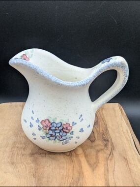 SMALL 2" Hand-Painted Ceramic Pitcher in Cream with Blue and Pink Floral Accents